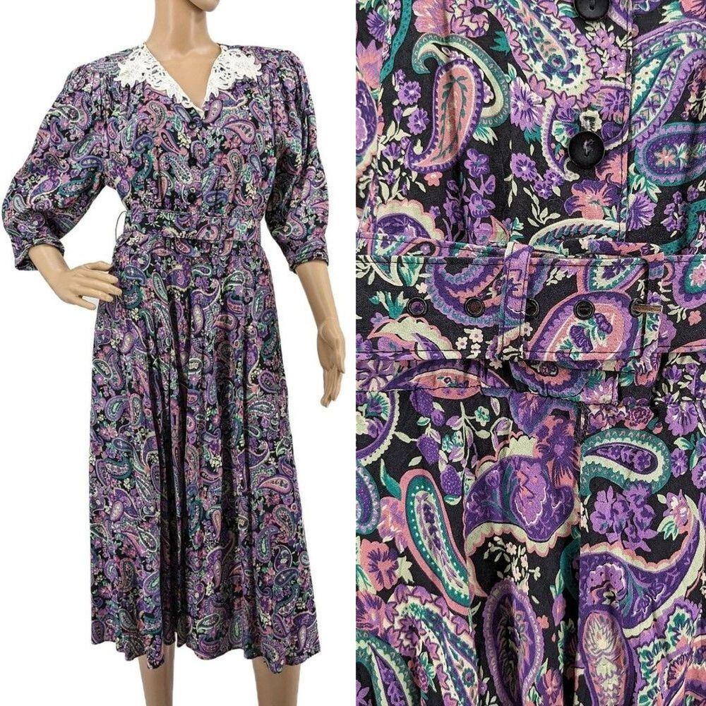 Vintage 90s Midi Dress Cottagecore Paisley Crochet Lace Belted Floral Size 9-10P